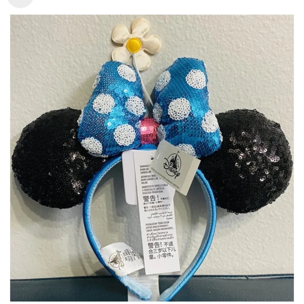 NWT Disney Parks Polka Dot Blue White Bow Flower Minnie Ears Headband